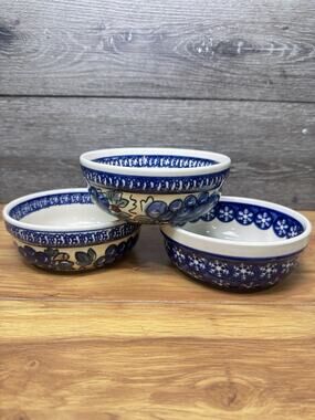 Boleslawiec Polish Pottery 6” Bowls Grapes & Snowflakes Patterns ~set Of 3